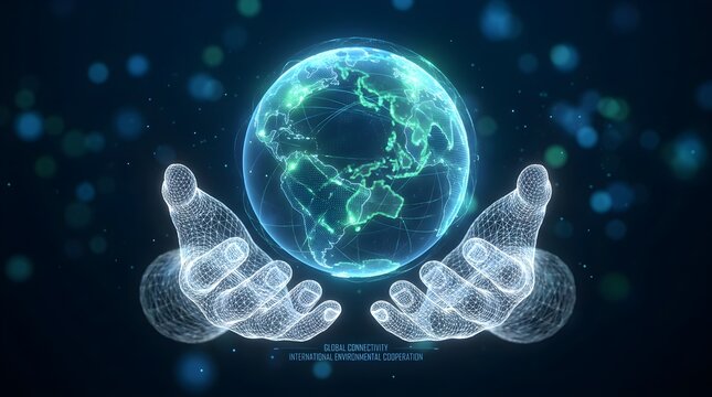 A glowing blue and green digital globe is cradled in a pair of wireframe hands against a dark background with bokeh lights, symbolizing global connectivity and environmental cooperation.