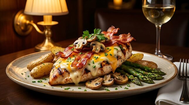 A delicious Alice Springs chicken dinner with melted cheese, bacon, mushrooms, and asparagus.