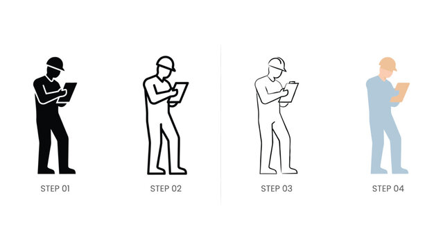 Construction worker writing checklist icon evolution set editable vector