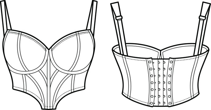 Bustier top technical fashion flat sketch, structured lingerie design, vector CAD drawing, garment construction illustration
