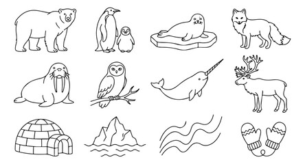 Fototapeta premium Arctic animals and elements vector line art collection, polar bear, penguin, seal, fox, walrus, owl, narwhal, reindeer, igloo, iceberg, waves, mittens