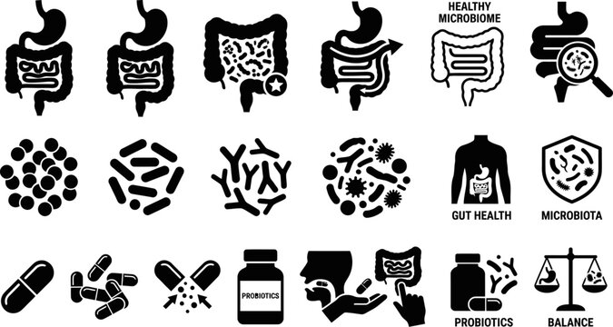 Black and white icons related to gut health and microbiome  various symbols and graphics