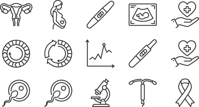 Pregnancy and reproductive health icons including fertility and medical care symbols in a collection