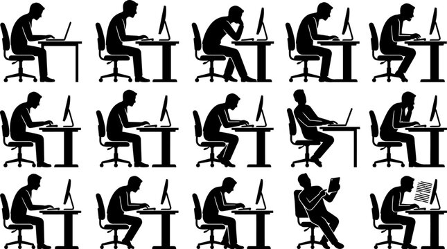 Silhouette of people working on computers in various sitting positions and postures