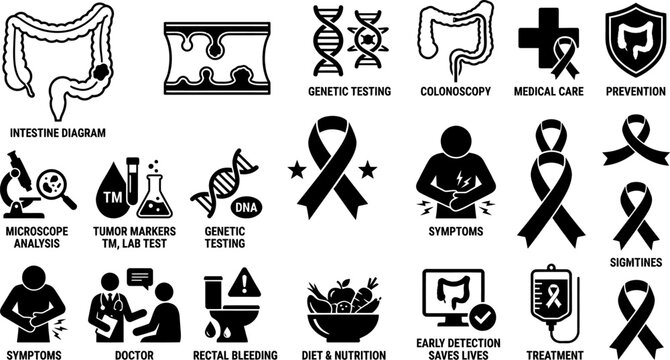 Black icons for colon cancer awareness and medical concepts related to intestines and genetic testing in health and medicine
