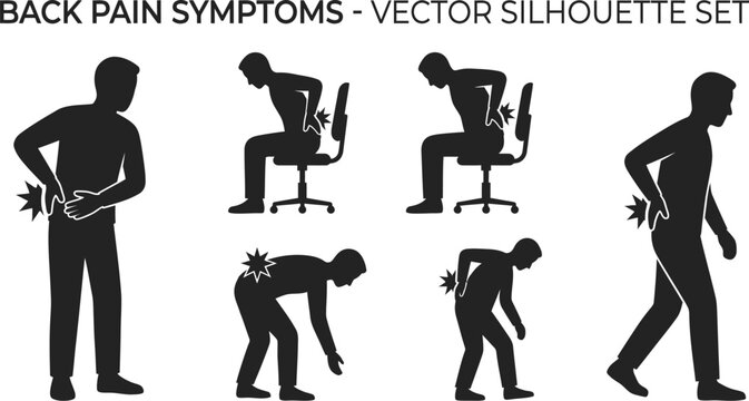 back pain symptoms illustrated in various poses and activities  vector silhouette set
