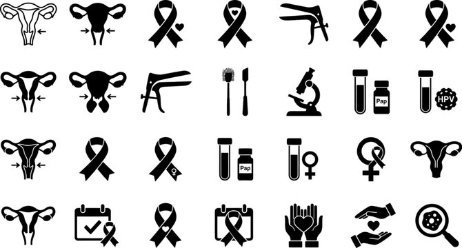 Black icons of female reproductive health and gynecology awareness symbols on white background