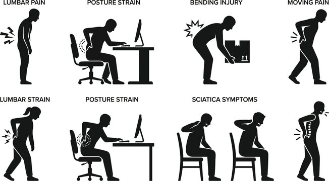 Black silhouette illustrations of people experiencing various types of back pain and poor posture while working or lifting