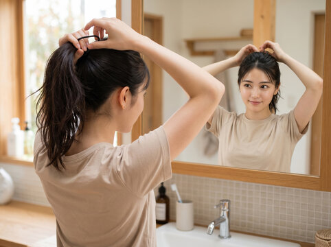 鏡の前でヘアゴムを使いポニーテールを作る女性