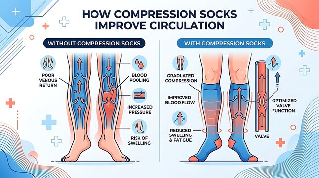 Compression socks improve leg blood circulation diagram.