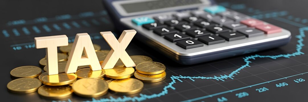 Tax calculation concept with calculator coins and financial accounting analysis