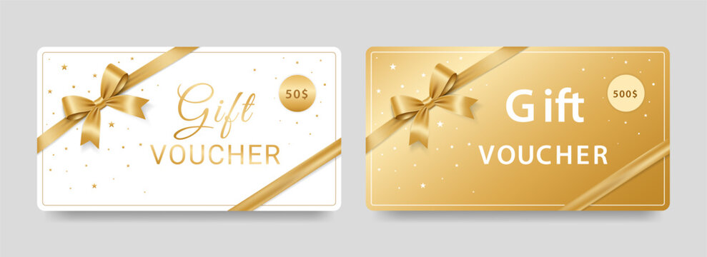 Gold gift card voucher template for Holiday sale and business promotion. coupon with ribbon and bow. Shop invitation promo, Sale offer