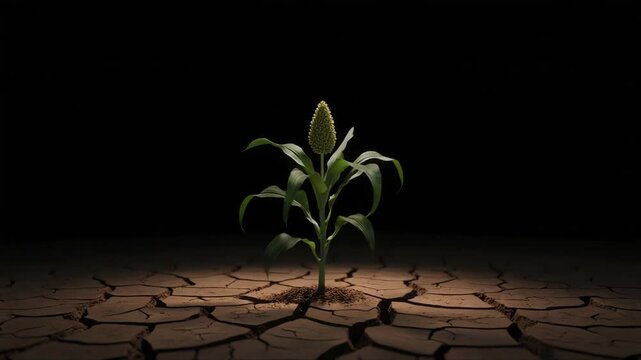 Green plant sapling growing through cracked dry earth in a dramatic cinematic video animation showing environmental hope and resilience today