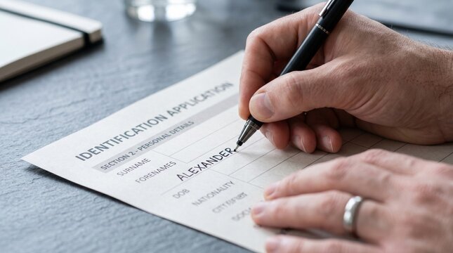Close-up of a person filling out a fraudulent identification application form with a fake name