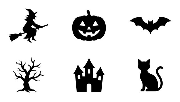Halloween icons, black silhouettes, spooky symbols, 6 vector graphics