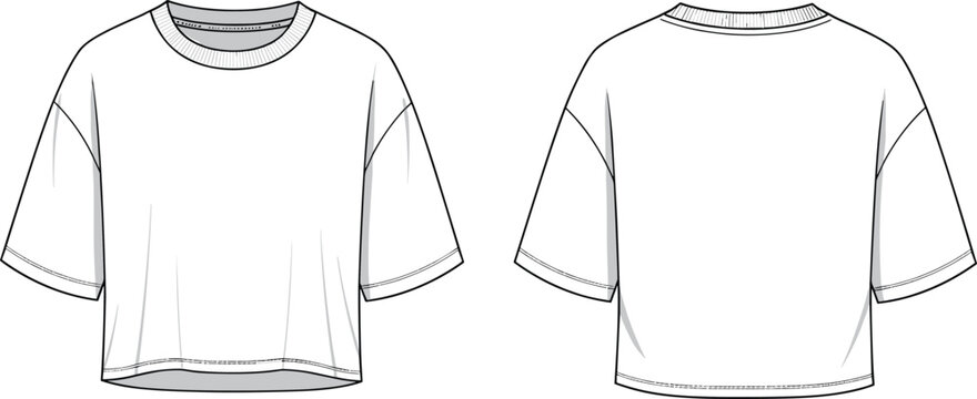 cad drawing flat vector illustration, cropped short sleeve t-shirt front back view, fashion sketch, boxy silhouette, technical garment design