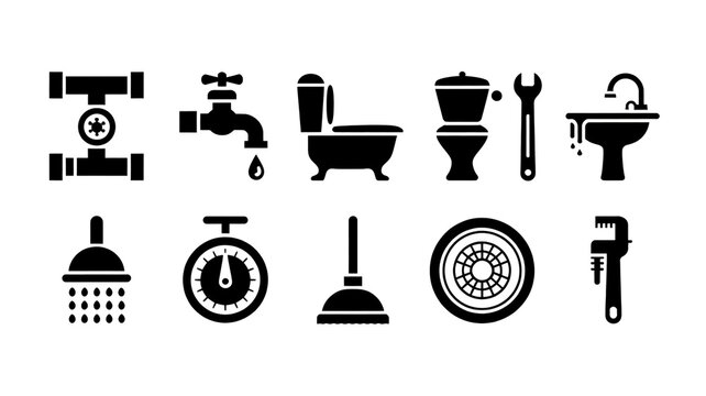 A set of black and white icons depicting various plumbing tools and fixtures