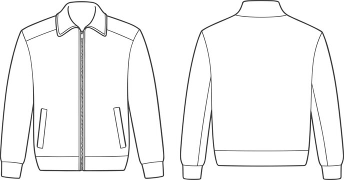 Cad drawing flat vector illustration, fashion technical jacket sketch front and back view, zipper collar pockets ribbed hem cuffs design