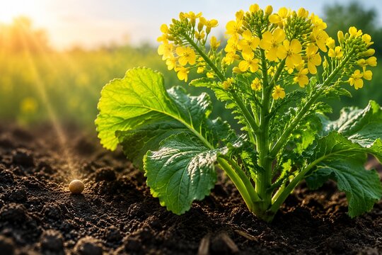 A tiny mustard seed on soil beside a mature mustard plant with yellow flowers.