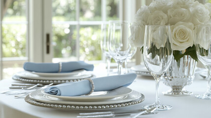 Fototapeta premium Elegant Table Setting with Soft Pastel Decor and Floral Centerpiece