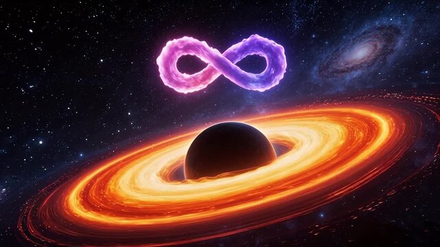 Black hole with glowing ring and infinity symbol