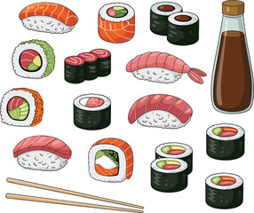 Sushi Collection Vector Set, Japanese Food Rolls Nigiri Soy Sauce and Chopsticks Illustration Design © Sharif