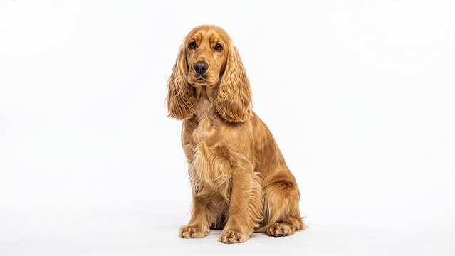 Golden English Cocker Spaniel Dog Sitting Full Body Three Quarter View on White Background &mdash; Purebred Spaniel with Long Silky Wavy Ears and Feathered Coat Studio Portrait