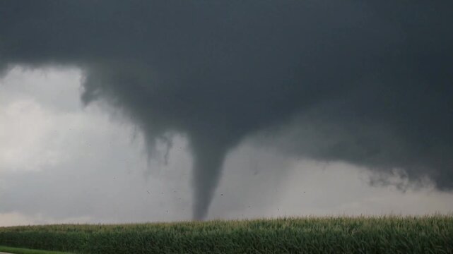 A destructive tornado churns through farmland, throwing debris through the air. 