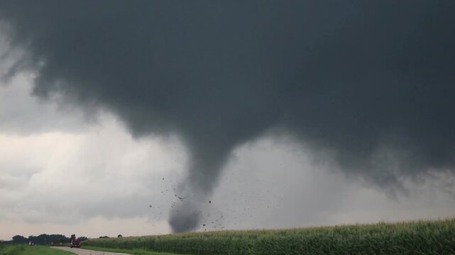 A tornado does damage and throws debris through the air as it tears through farms and across cornfields.