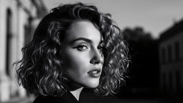 Black and white portrait of a confident woman with curly hair and striking makeup standing outdoors in an urban setting with buildings in the background for fashion and beauty photography