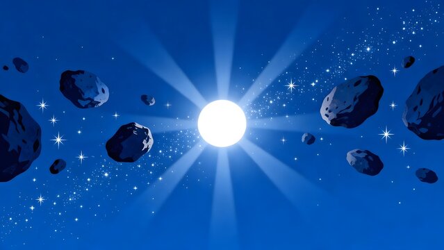 Space scene with sun asteroids and stars