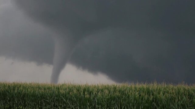 A tornado moves eerily beyond a field of tall corn as a dangerous storm passes through a rural area.