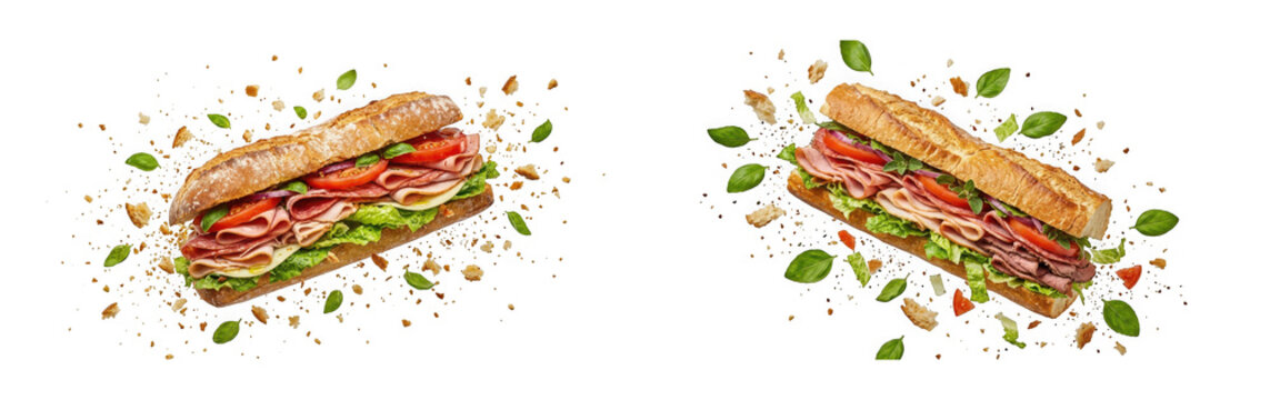 Two delicious fresh baguette sandwiches with ham, salami, cheese, tomatoes, lettuce and herbs isolated on transparent background