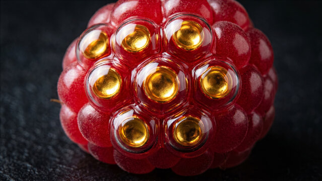 Extreme macro photo of fresh red raspberry drupelets as glossy blown glass globes filled with gold