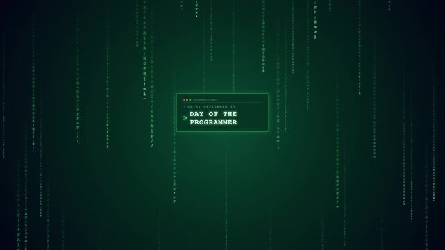 Happy Day of the Programmer animation with green matrix code background