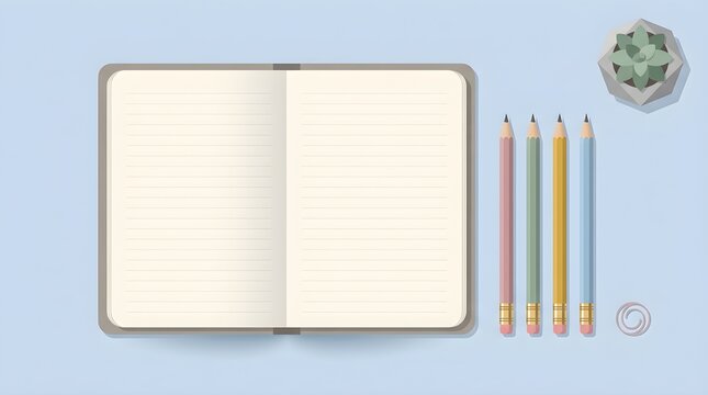 Top view illustration of an open lined notebook with pastel colored pencils and a small succulent plant on a light blue background.