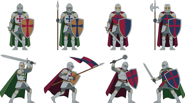 Medieval crusader knights in full plate armor flat vector illustration set featuring historic templar warriors holding swords shields spears and battling with heraldic flags.