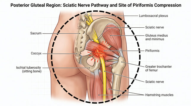Sciatic Nerve Pathway and Piriformis Muscle Anatomy Illustration