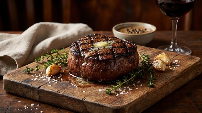 Juicy grilled filet mignon steak topped with melting butter on a rustic wooden board with herbs