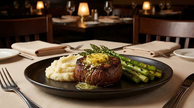 Juicy filet mignon steak with mashed potatoes and grilled asparagus in a fine dining restaurant