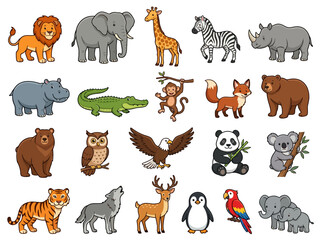Obraz premium A collection of various cute cartoon animals arranged in a grid pattern.