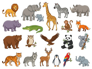Obraz premium A collection of various cartoon wild animals on a white background.