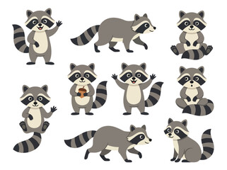 Obraz premium A collection of cute cartoon raccoons in various poses and expressions.