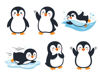 Obraz premium A collection of cute cartoon penguins in various playful poses and activities.