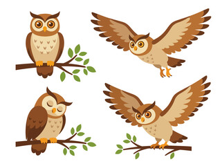 Naklejka premium A collection of four cartoon owls in various poses including sitting and flying.