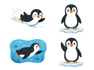 Fototapeta premium A set of four cute cartoon penguins in different poses and activities.