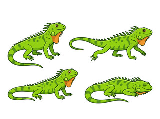 Fototapeta premium Set of four cartoon green iguanas in different poses.