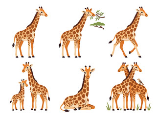 Obraz premium A collection of cartoon giraffes in various poses and activities.