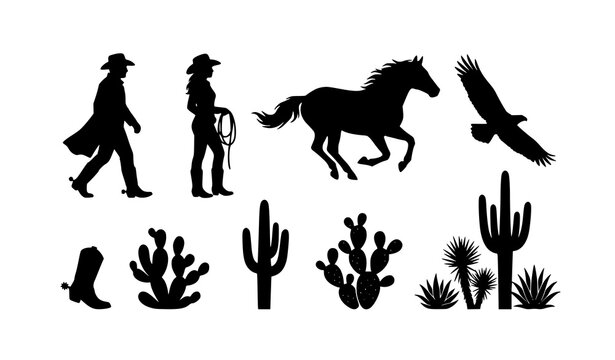 Minimal Wild West Silhouette Collection with Cowboy Horse and Eagle