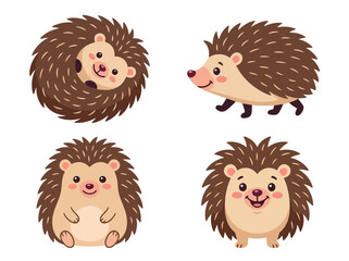 Fototapeta premium Set of four cute cartoon hedgehogs in different poses and expressions.